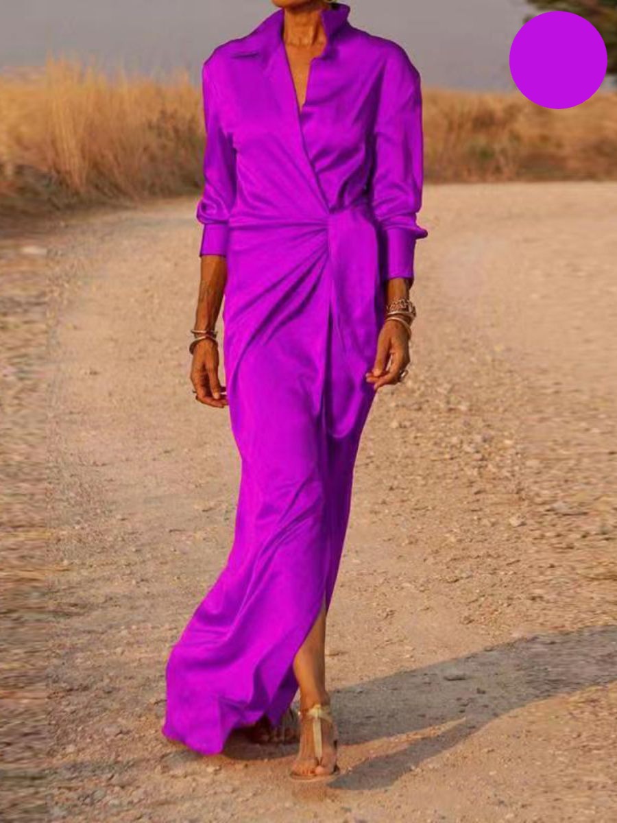 Satin Collared Long Sleeve Wrap Tie Waist High Split Maxi Shirt Dress