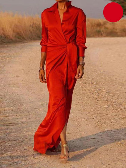 Lapel Collar Twist-Front Wrap Long Sleeve High Slit Maxi Dress