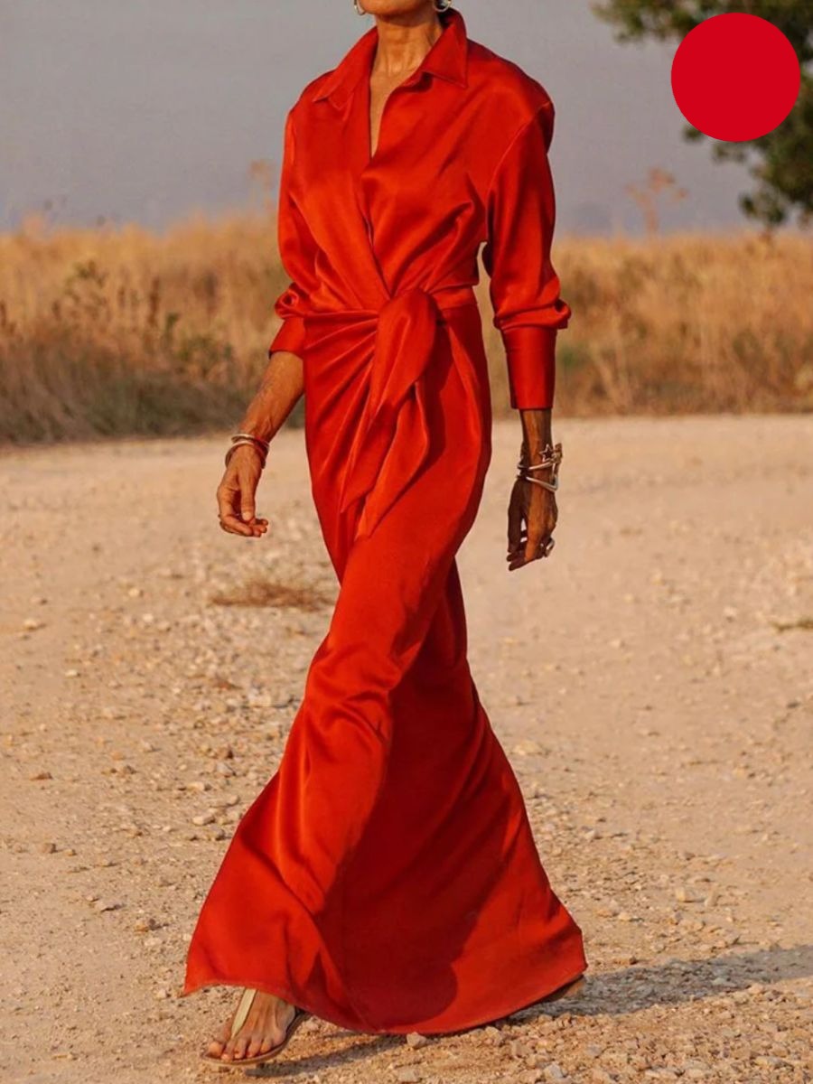 Lapel Collar Twist-Front Wrap Long Sleeve High Slit Maxi Dress