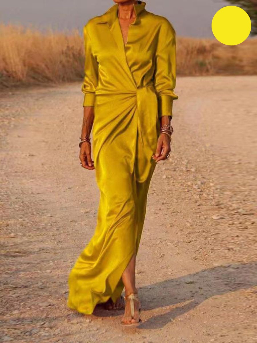 Lapel Collar Twist-Front Wrap Long Sleeve High Slit Maxi Dress
