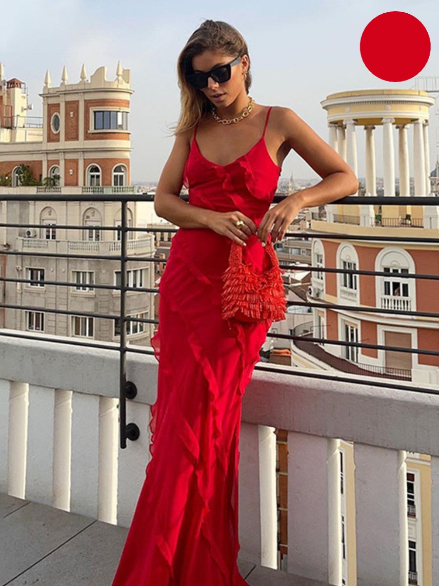 Spaghetti Strap V-Neck Diagonal Tiered Ruffle Flounce Maxi Dress