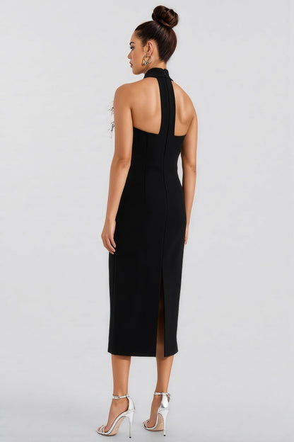 Thian Floral Embellished Feather Bandage Midi Dress