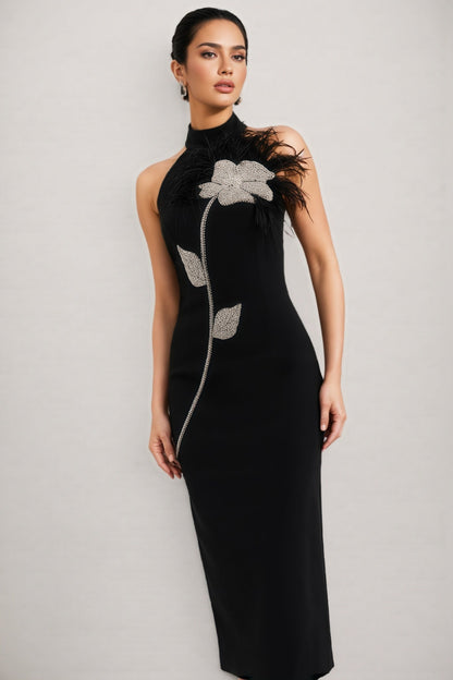 Thian Floral Embellished Feather Bandage Midi Dress