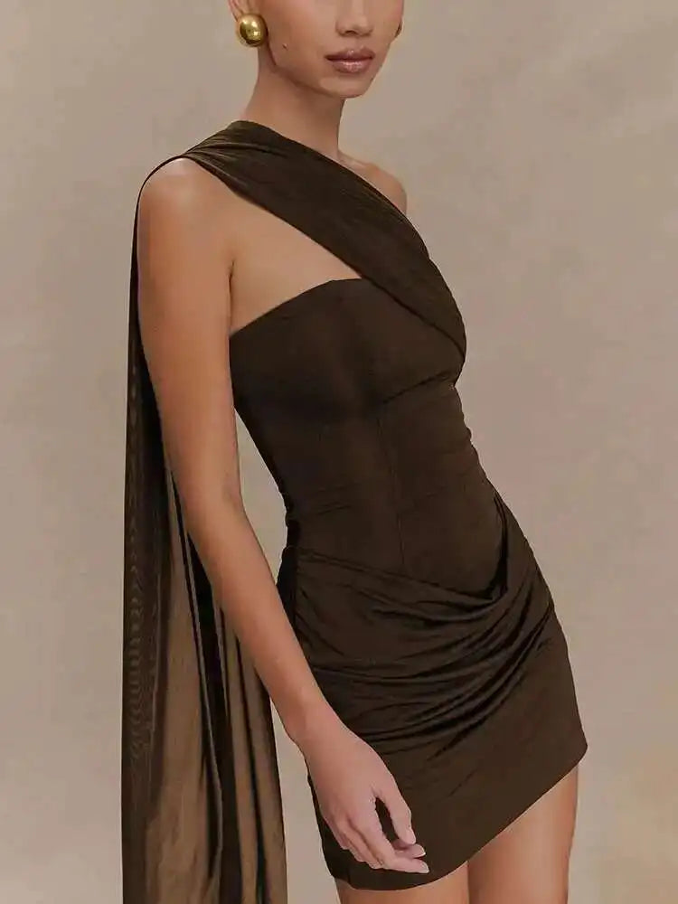 Draped Oblique Shoulder Mini Dress