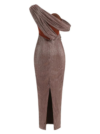 One Shoulder Draped Glitter Brown Maxi Dress