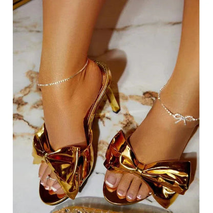 Gold Silver Pointed Toe Women Slippers with Butterfly-knot Thin High Heels