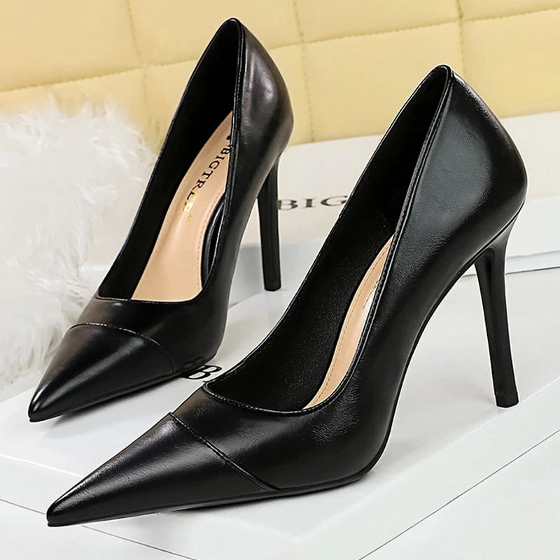 Khaki Women Pumps Mixed Colors Pointed High Heels Pu Leather Shoes