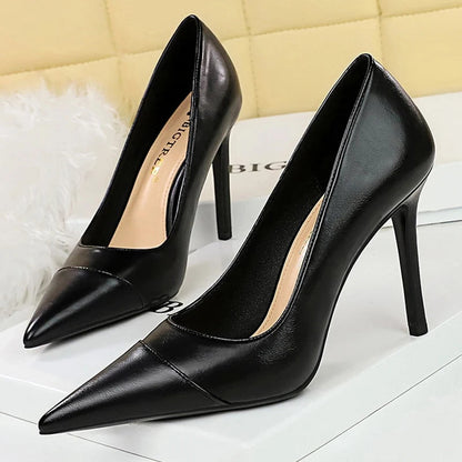 Khaki Women Pumps Mixed Colors Pointed High Heels Pu Leather Shoes