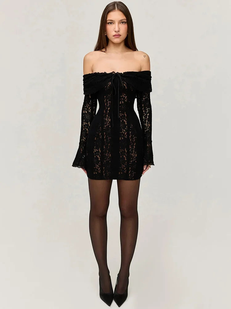 Lace Flare Sleeve One Shoulder Dress
