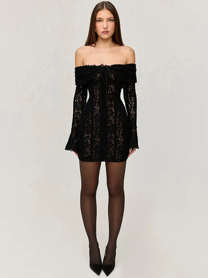 Lace Flare Sleeve One Shoulder Dress