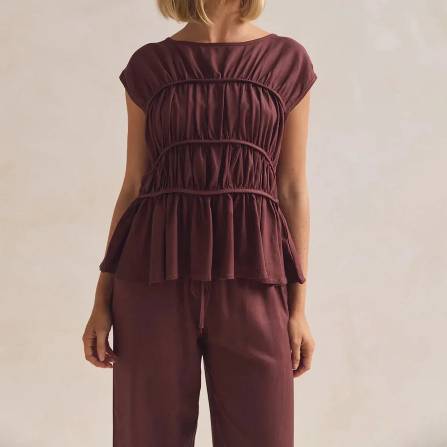 | Ruched Cap Sleeve Peplum Top
