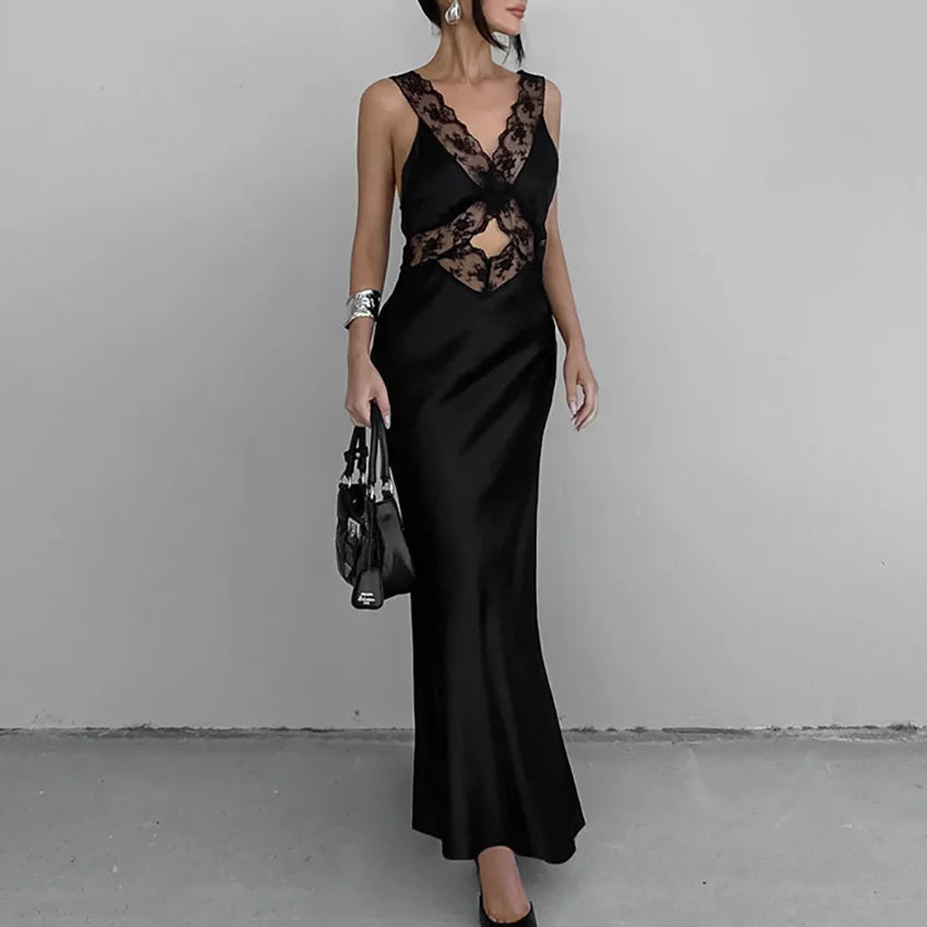 Deep V Lace Slim Party Maxi Dress