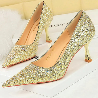 Shiny Sequin Cloth Women Pumps with 7 cm Metal Heel