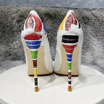 White Crocodile Effect Pointy Toe High Heel Party Shoes for Women