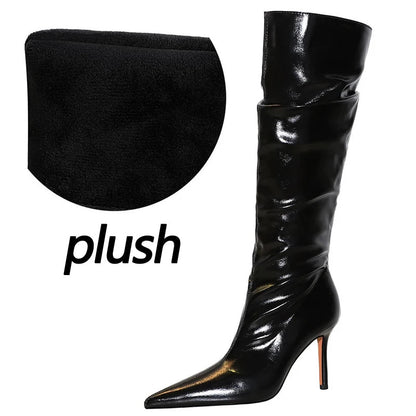 Sexy Knee-High Pointed Patent Leather High Heel Boots for Women