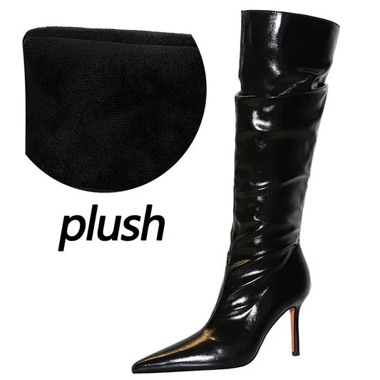 Sexy Knee-High Pointed Patent Leather High Heel Boots for Women