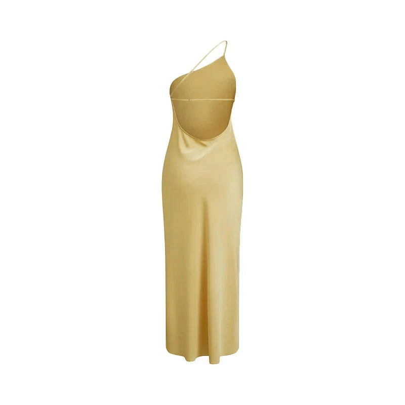 Backless Satin Slant Shoulder Solid Slit Long Dress