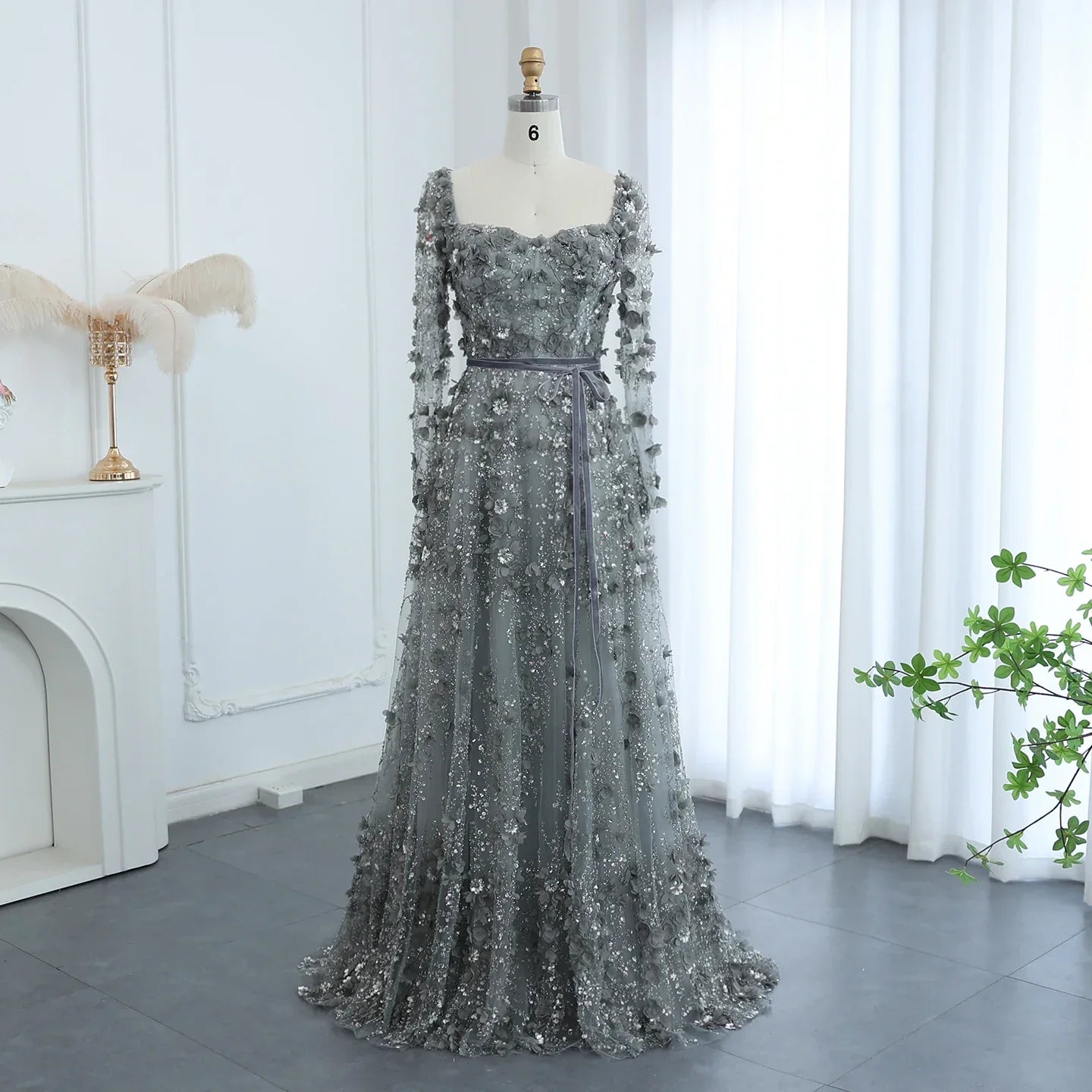 3D Floral A-Line Evening Gown Long Sleeves