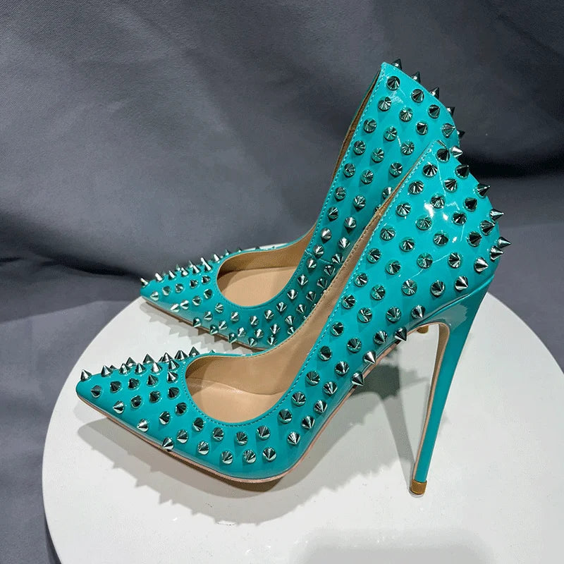 Mint Green Pointy Toe High Heel Shoes with Silver Spikes