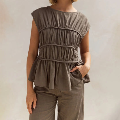 | Ruched Cap Sleeve Peplum Top