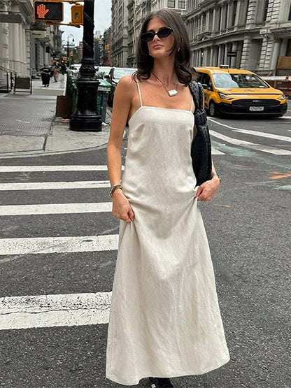 Square Neck Spaghetti Strap Linen Look Flowy Maxi Dress