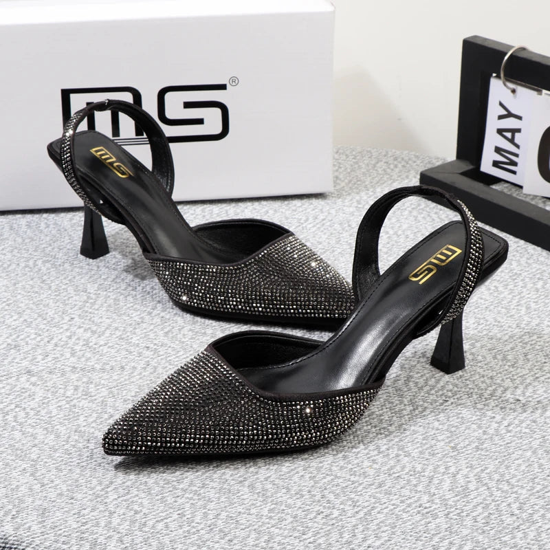 Summer stiletto sandals with pointed rhinestones and 8CM heels