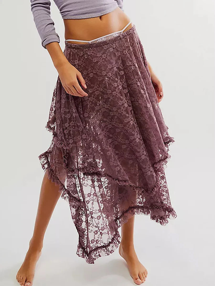 Lace Elastic Irregular Midi Skirt