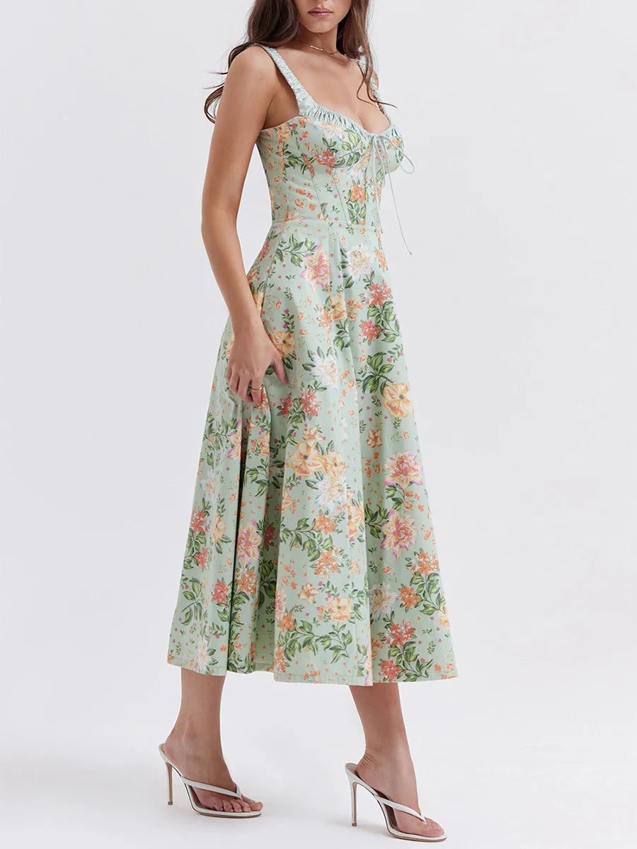 Floral Low-Cut Sling Backless Midi Dress