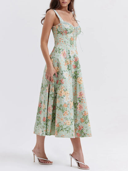 Floral Low-Cut Sling Backless Midi Dress