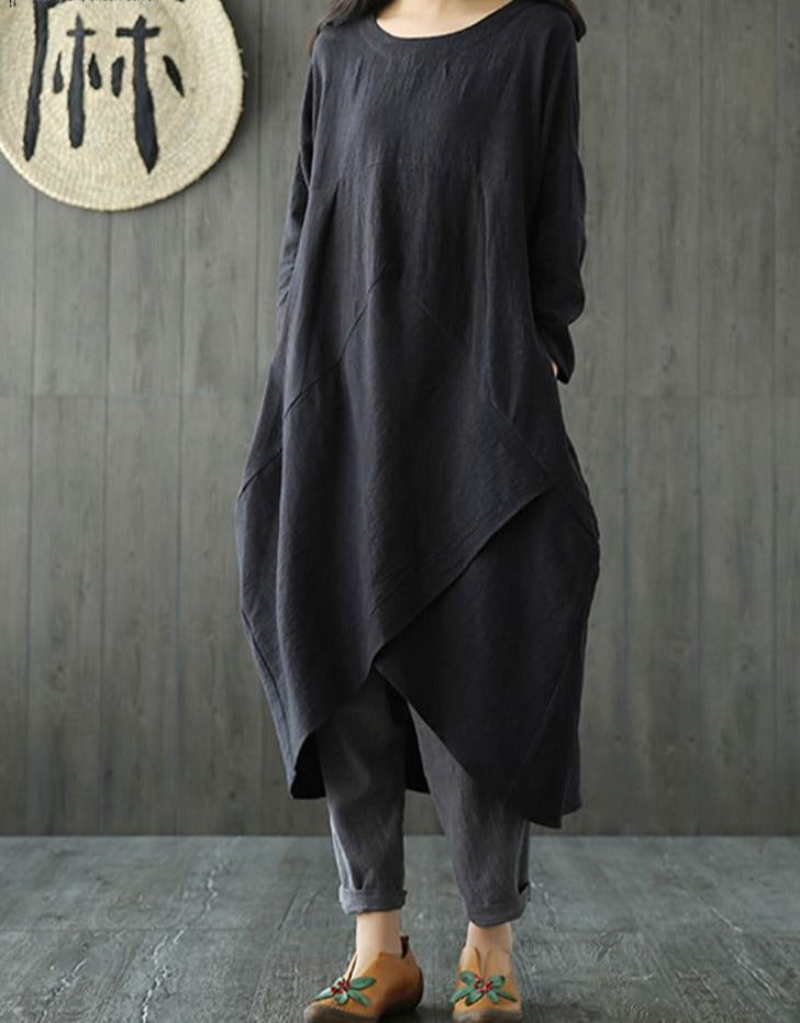 Linen Blend Oversized Long Sleeve Asymmetric Wrap Hem Tunic Maxi Dress