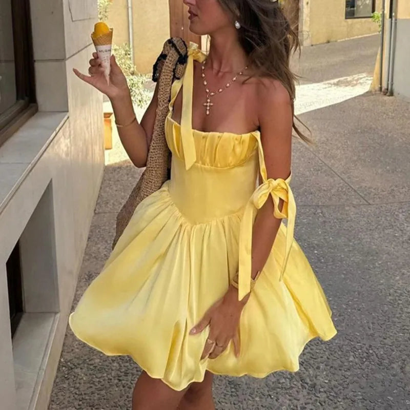 Yellow Halter Belt Pleated Mini Dress