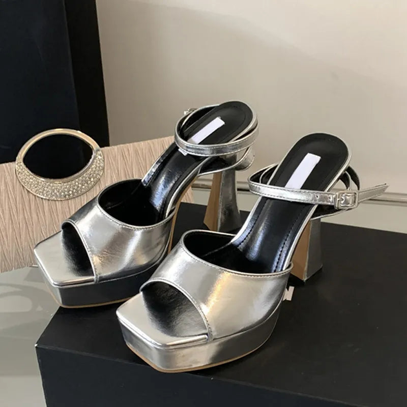 Silver Ankle Strap Sandals Women Summer Fashion Open Toe Platform High Heels