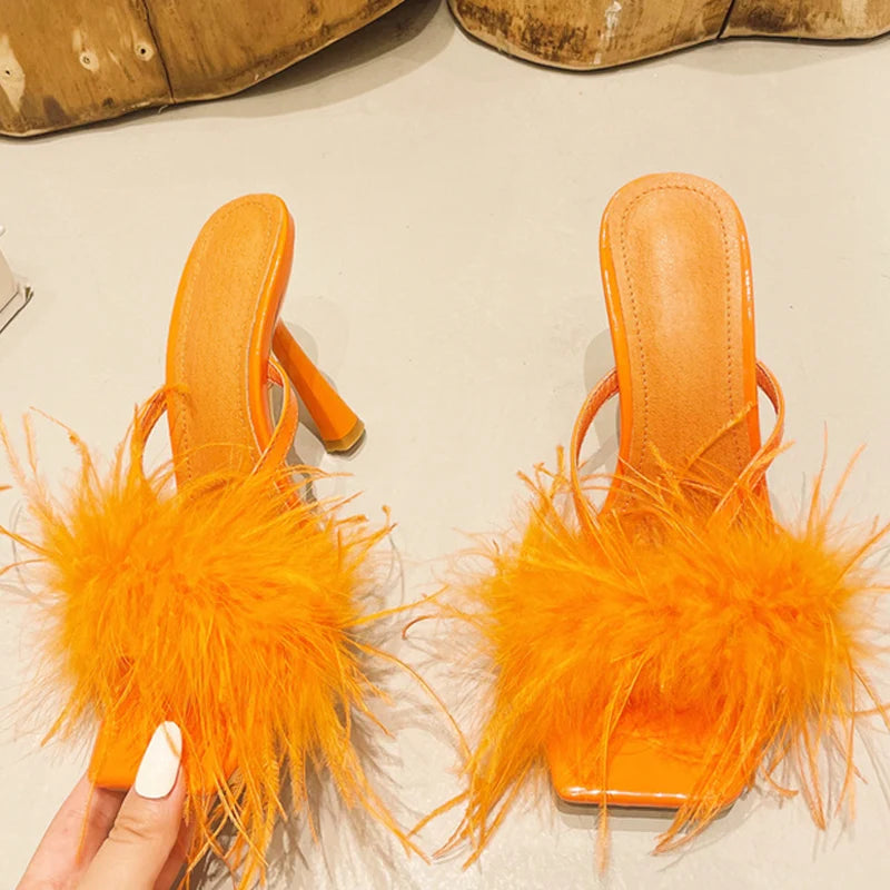 Yellow Fluffy Furry Women's High Heel Slippers Mules for Summer Fashion