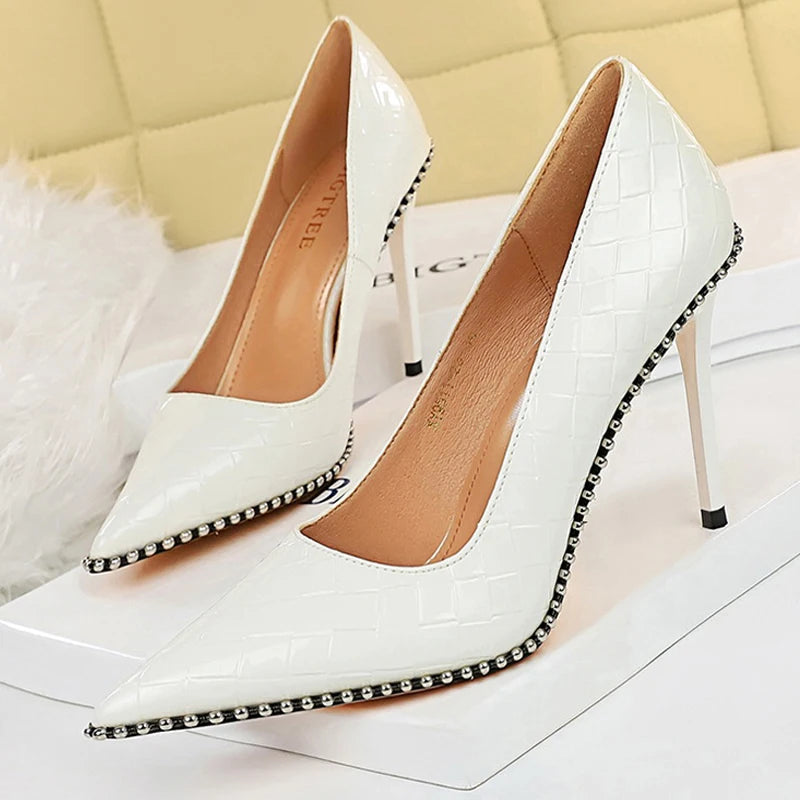 Metal Beads Black Suede High Heel Stiletto Wedding Shoes Women Pumps