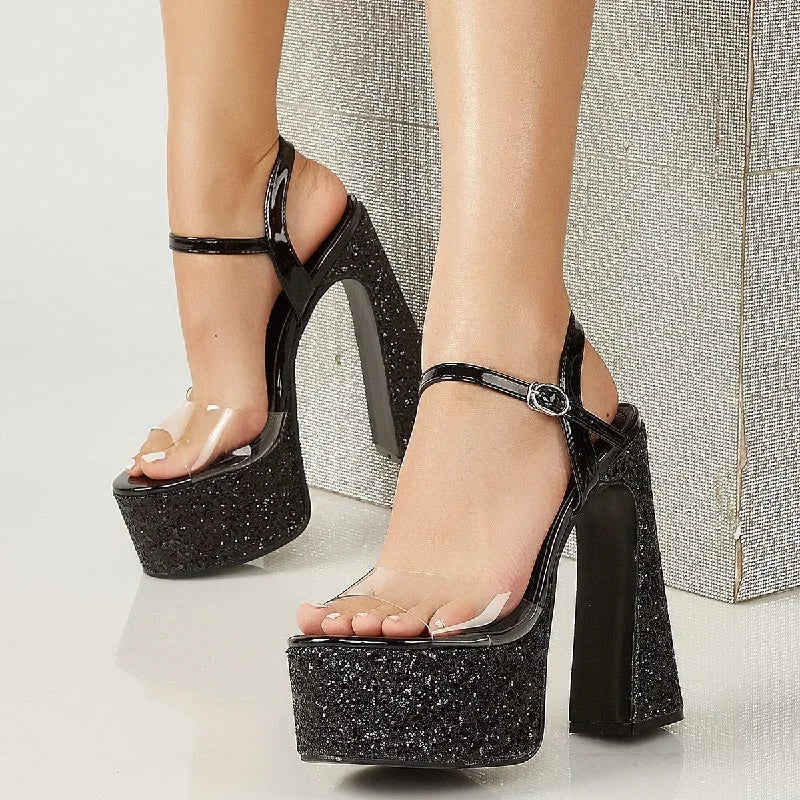 Sequin Cloth PVC Transparent Buckle Strap Sandals for Women