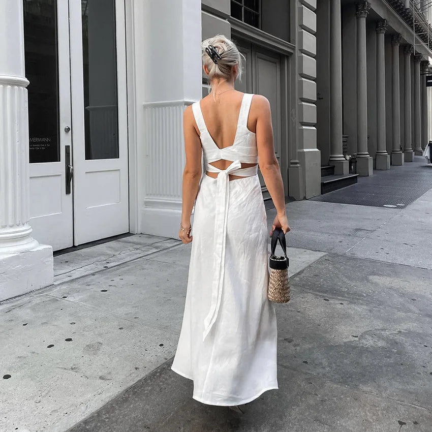 Square Neck Wide Strap Lace Up Waist A-Line Maxi Dress