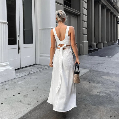 Square Neck Wide Strap Lace Up Waist A-Line Maxi Dress