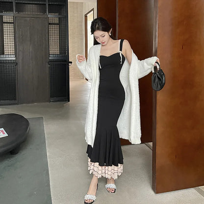 Black Ruffle Trim Fishtail Midi Dress