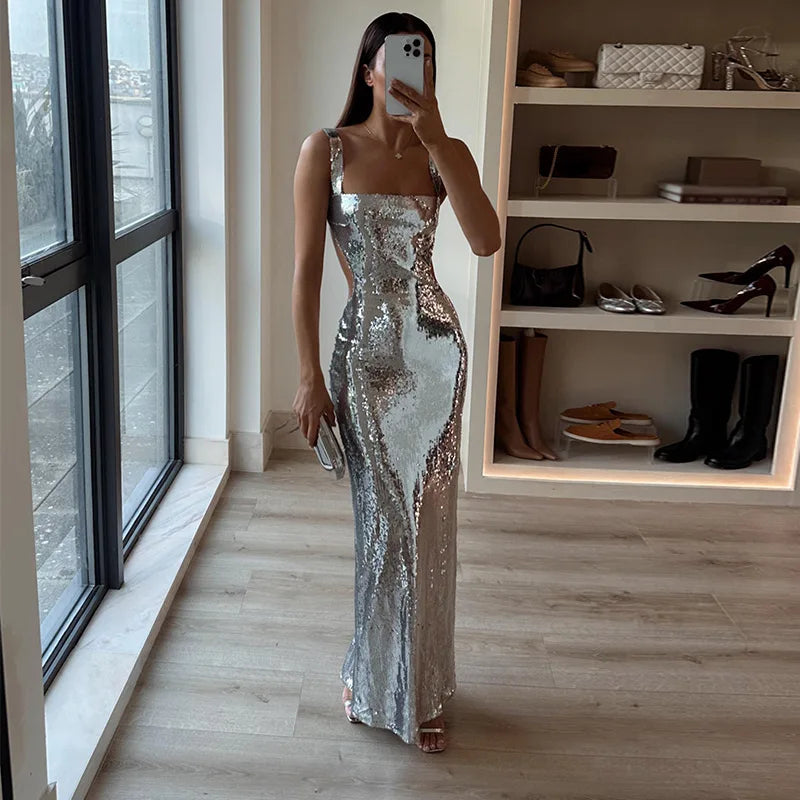 Square Neck Wide Strap Sequin Side Cutout Mermaid Maxi Gown