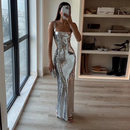Square Neck Wide Strap Sequin Side Cutout Mermaid Maxi Gown