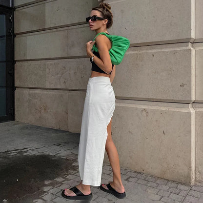 White Linen Asymmetric Slit Skirt