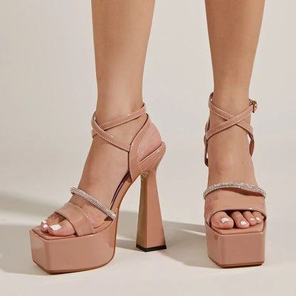 Crystal Rhinestone Summer Sandals with Extreme High Heels and Platform