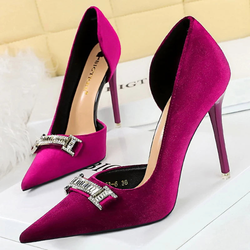 Suede Rhinestone Women Heels Spring Pumps Pointed High Heels