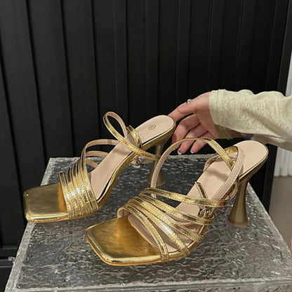 Summer Golden Silver Square Toe Sandals for Women