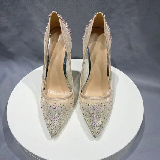 Sequined Gauze Mesh Pointy Toe High Heel Shoes with Glitter