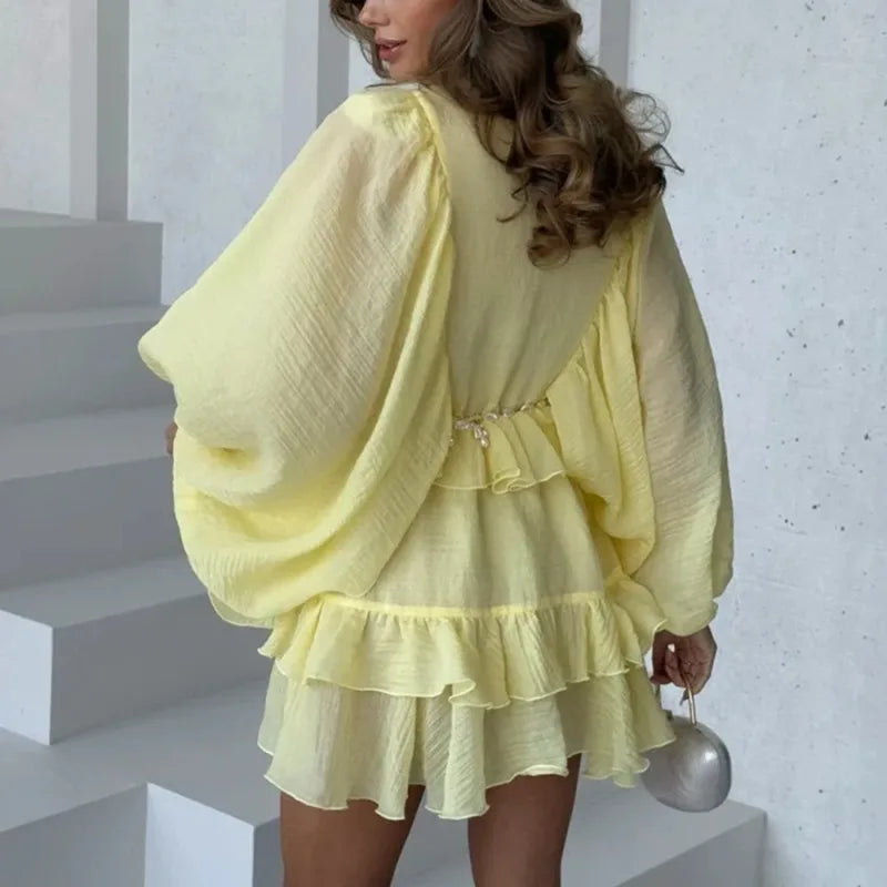 Pleated Ruffle Long Sleeve Mini Dress