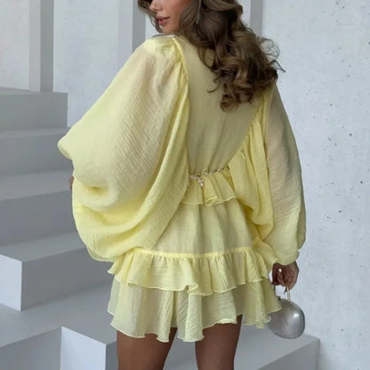 Pleated Ruffle Long Sleeve Mini Dress