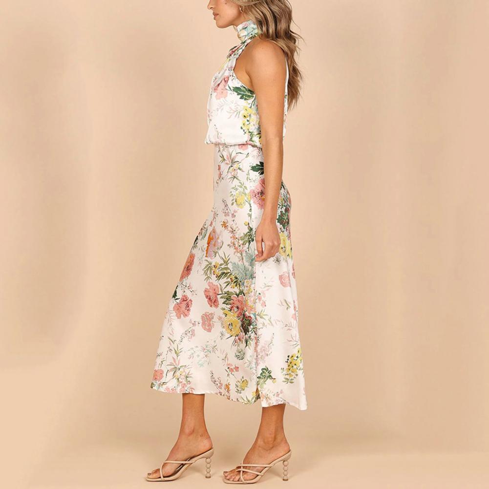 Floral Print Halter Draped Neck Bias Cut Midi Dress