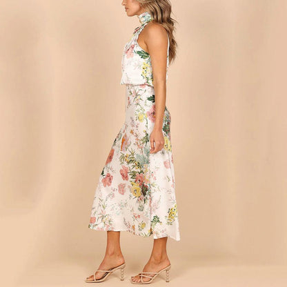 Floral Print Halter Draped Neck Bias Cut Midi Dress