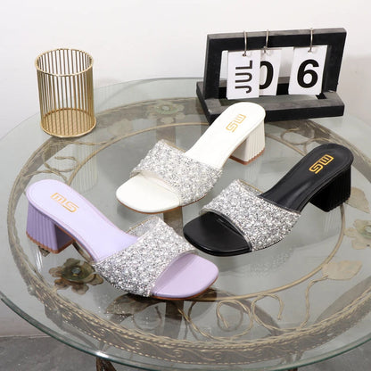 Rhinestone Slippers - Summer Fashion with Thick High Heel for Women